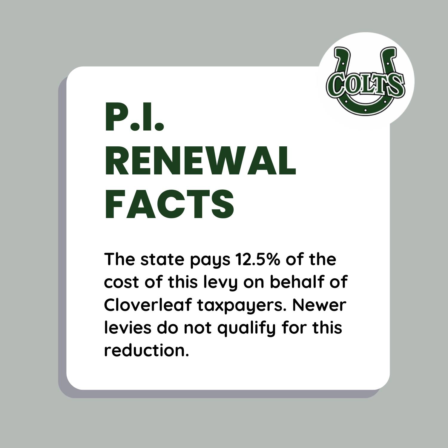 The state pays 12.5% of the cost of this levy on behalf of Cloverleaf taxpayers. Newer levies do not